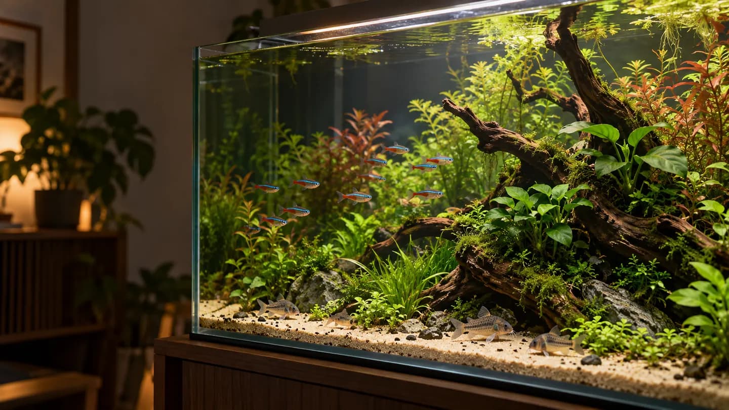 Planted freshwater aquarium with small fish