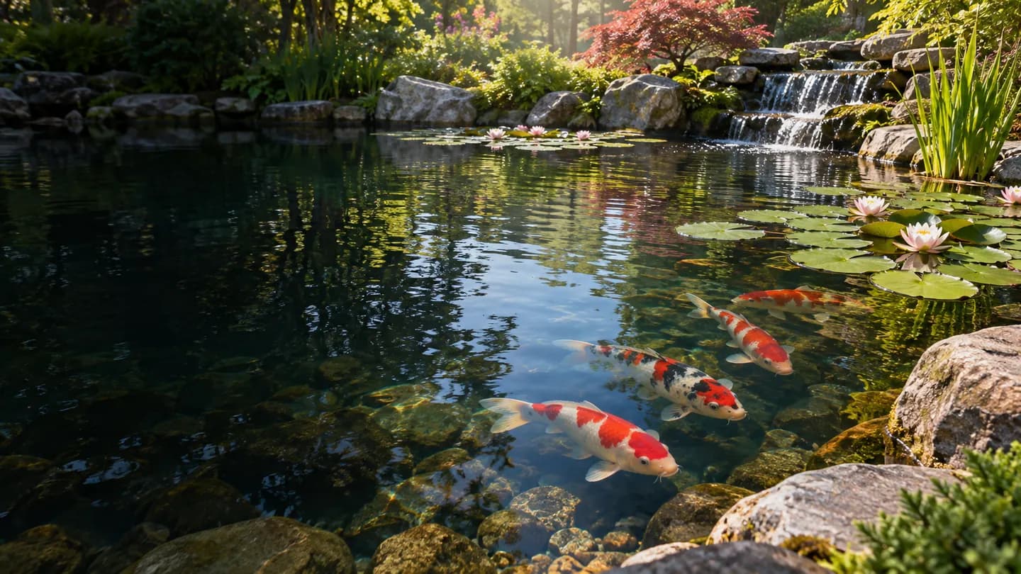 Koi swimming in a planted garden pond