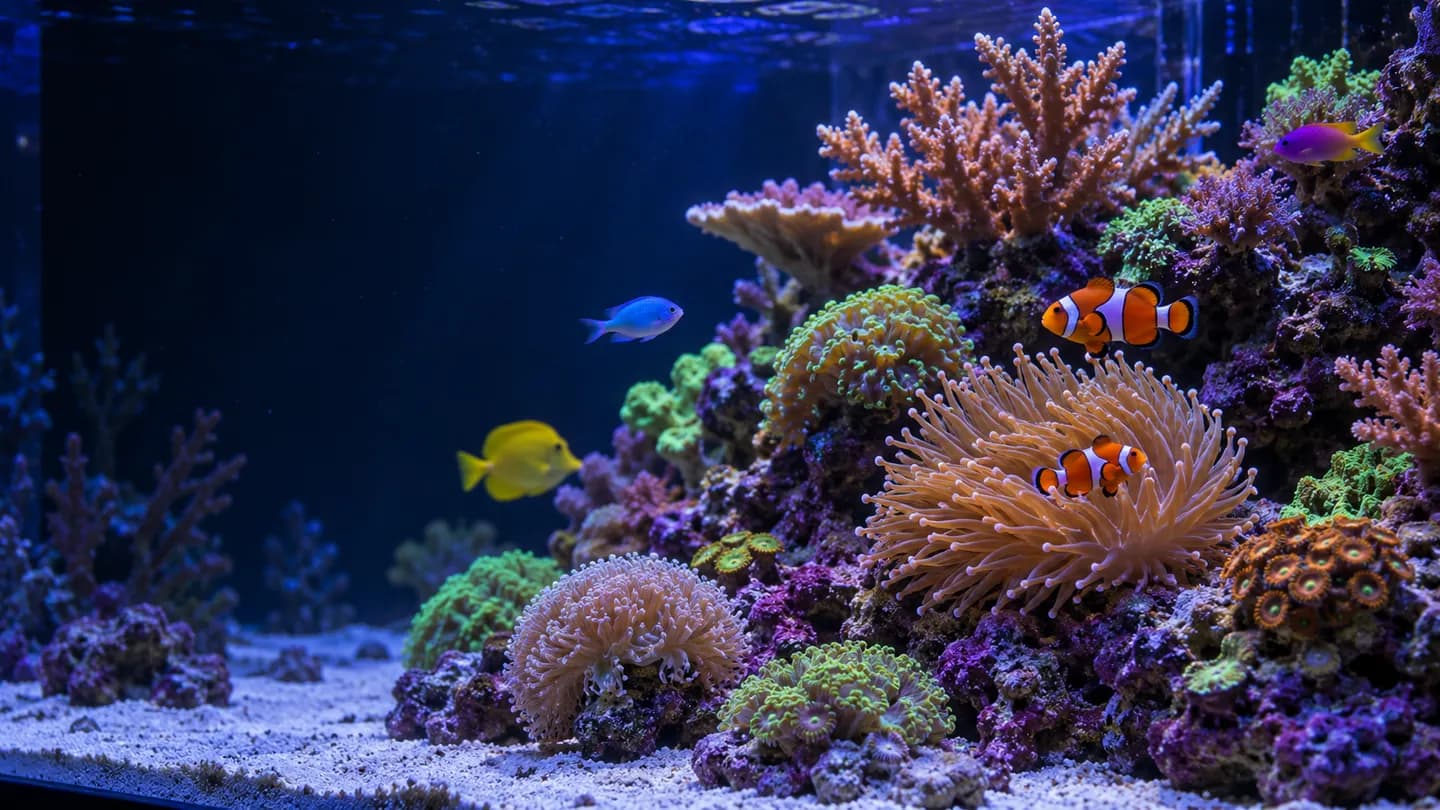 Colorful reef aquarium with clownfish